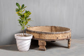 Antique Handmade Carved Coffee Round Grinder Table Bleached